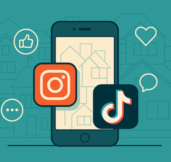 cropped_1080x1080_trimmed_smaller Illustratie van een smartphone met Instagram- en TikTok-logo’s op het scherm, voor een achtergrond van schetsen van huizen, ter visualisatie van hoe social media nieuwbouwprojecten onder de aandacht brengt.